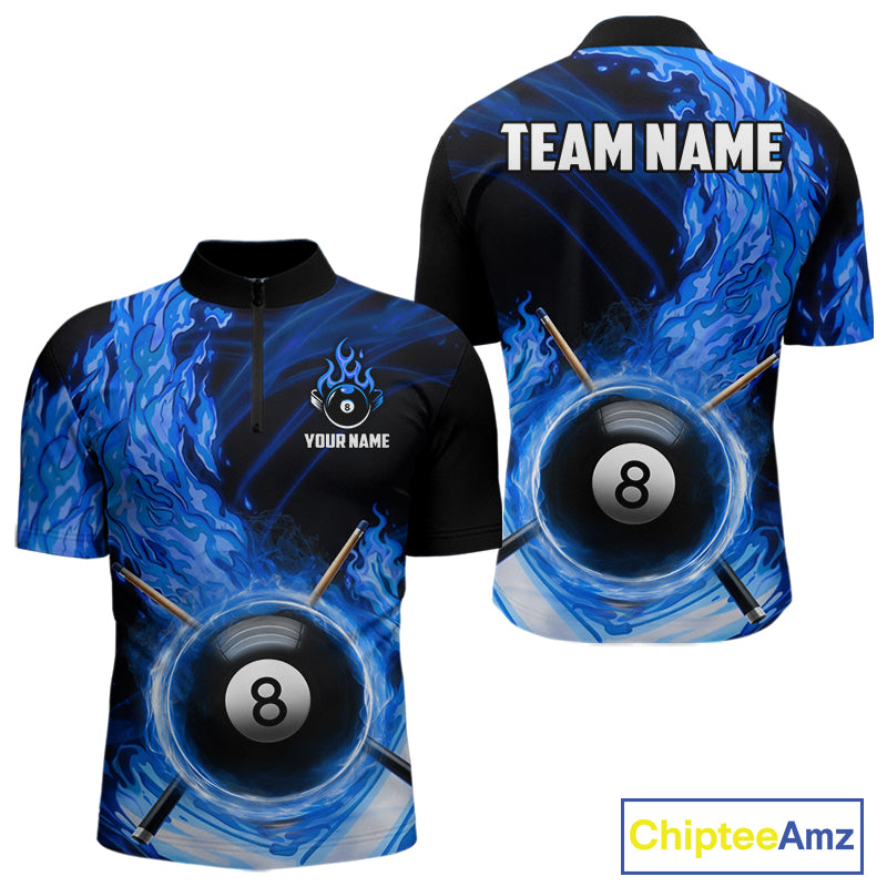 Personalized Blue 8 Ball Fire Flame Billiard Polo & 1/4-Zip For Men 8 Ball Pool Team Jersey NYN2847
