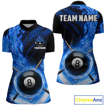 Load image into Gallery viewer, Personalized Blue 8 Ball Fire Flame Billiard Polo &amp; 1/4-Zip For Women 8 Ball Pool Team Jersey NYN2847