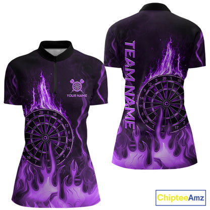 Personalized Dart Shirts For Women Custom Purple Dartboard Flame Team League Darter Jerseys NYN2849