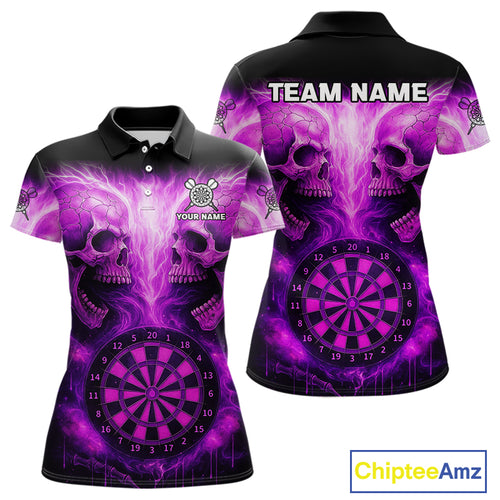 Electric Purple Skulls & Dartboard Darts Shirt For Women - Custom Dart Player Jersey NYN0539