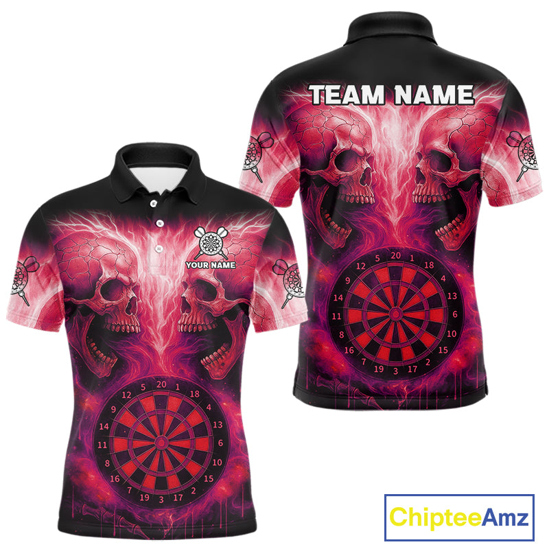 Electric Red Skulls & Dartboard Darts Shirt For Men - Custom Dart Player Jersey NYN0540
