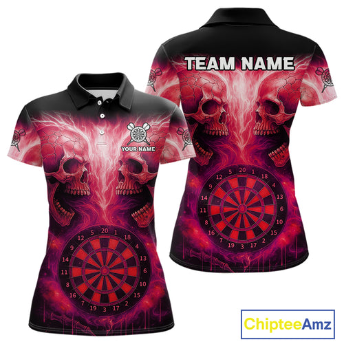 Electric Red Skulls & Dartboard Darts Shirt For Women - Custom Dart Player Jersey NYN0540