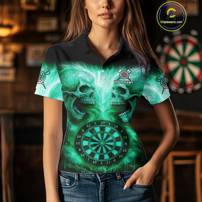 Electric Green Skulls & Dartboard Women's Darts Shirt - Custom Name For Players NYN0541