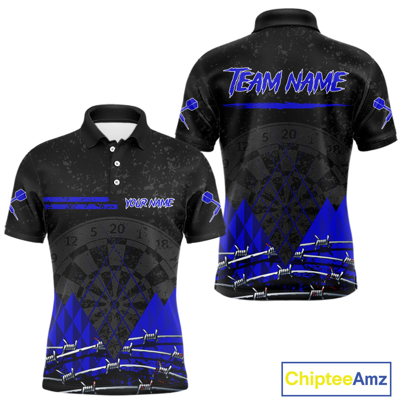 Barbed Wire & Grunge Dartboard Blue Darts Shirt  For Men - Custom Name For Players NYN0547