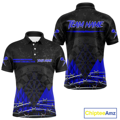 Barbed Wire & Grunge Dartboard Blue Darts Shirt  For Men - Custom Name For Players NYN0547