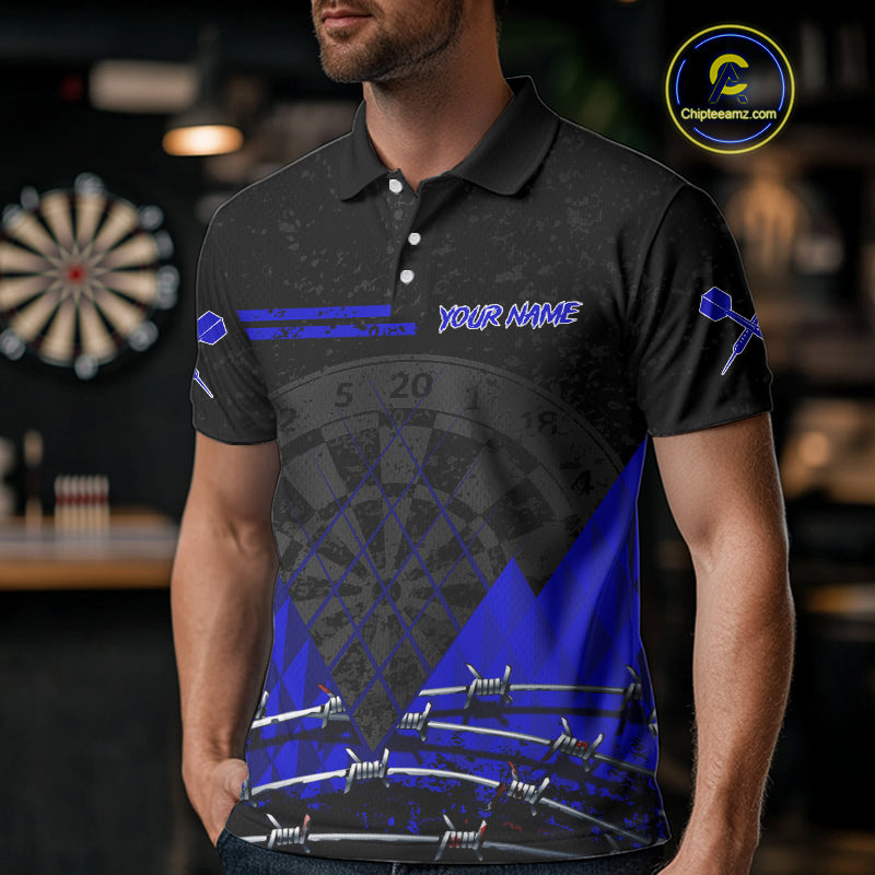 Barbed Wire & Grunge Dartboard Blue Darts Shirt  For Men - Custom Name For Players NYN0547