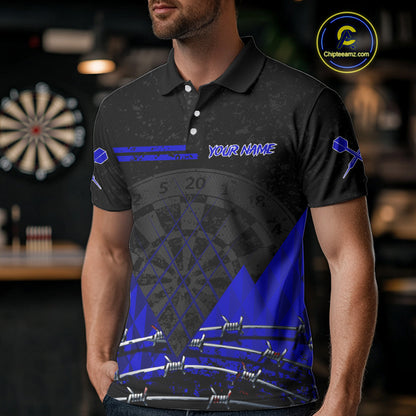 Barbed Wire & Grunge Dartboard Blue Darts Shirt  For Men - Custom Name For Players NYN0547