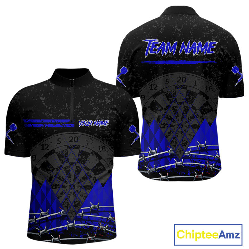 Barbed Wire & Grunge Dartboard Blue Darts Shirt  For Men - Custom Name For Players NYN0547