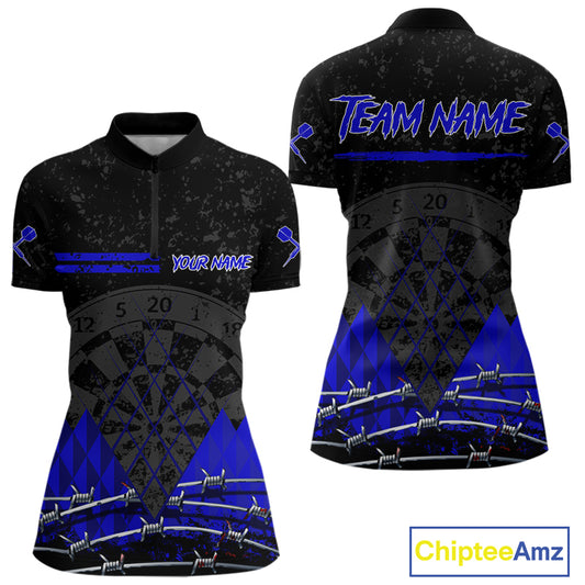 Barbed Wire & Grunge Dartboard Blue Darts Shirt  For Women - Custom Name For Players NYN0547