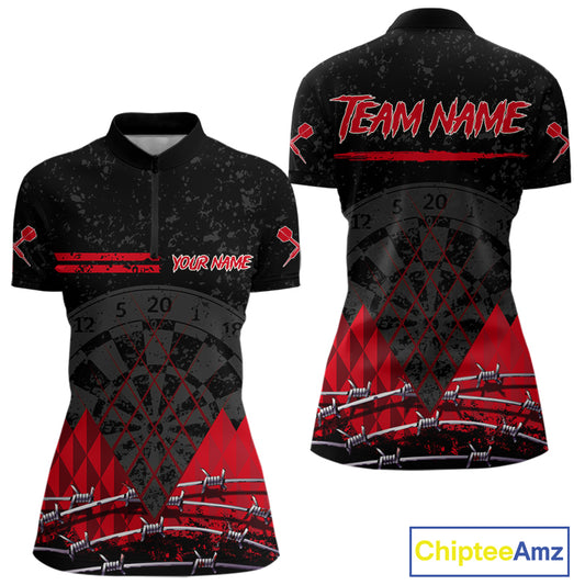 Barbed Wire & Grunge Dartboard Red Darts Shirt  For Women - Custom Name For Players NYN0548