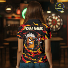 Load image into Gallery viewer, Female dart player wearing Angry Beer Cowboy custom dart shirt, competitive dart apparel