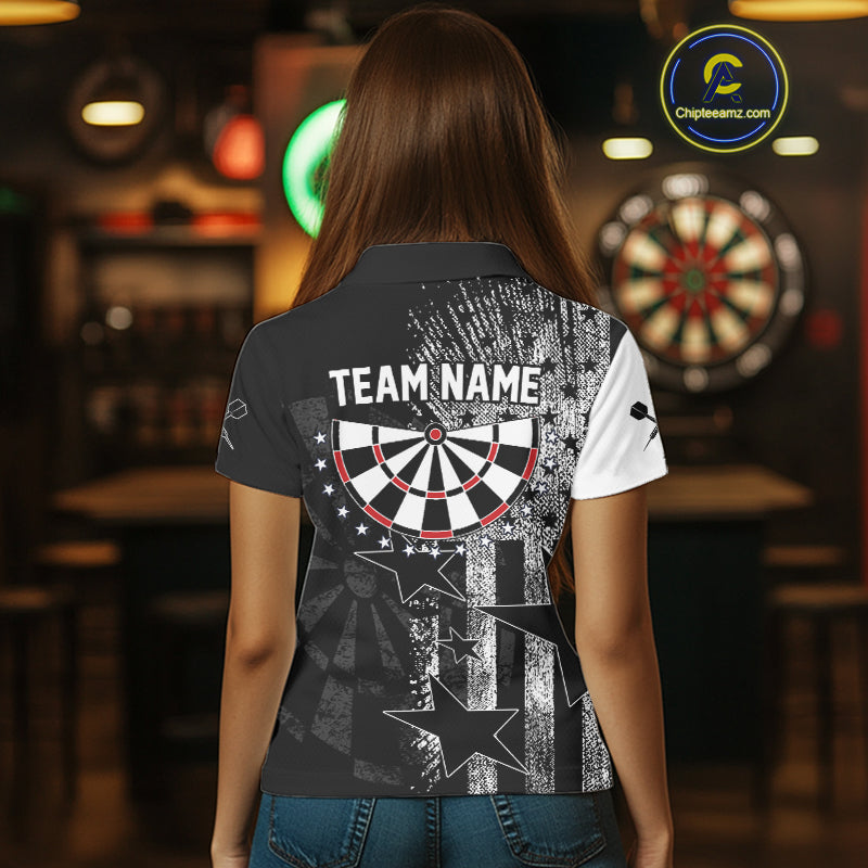 US Flag Grunge Star Dartboard Women's Darts Polo Shirt - Custom Name For Players NYN0756