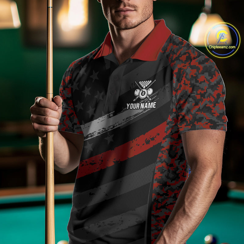 Black & Red Digital Camo Pool Billiard Shirt For Men Custom 8 Ball US Flag Patriot Billiard Team Shirt NYN4091