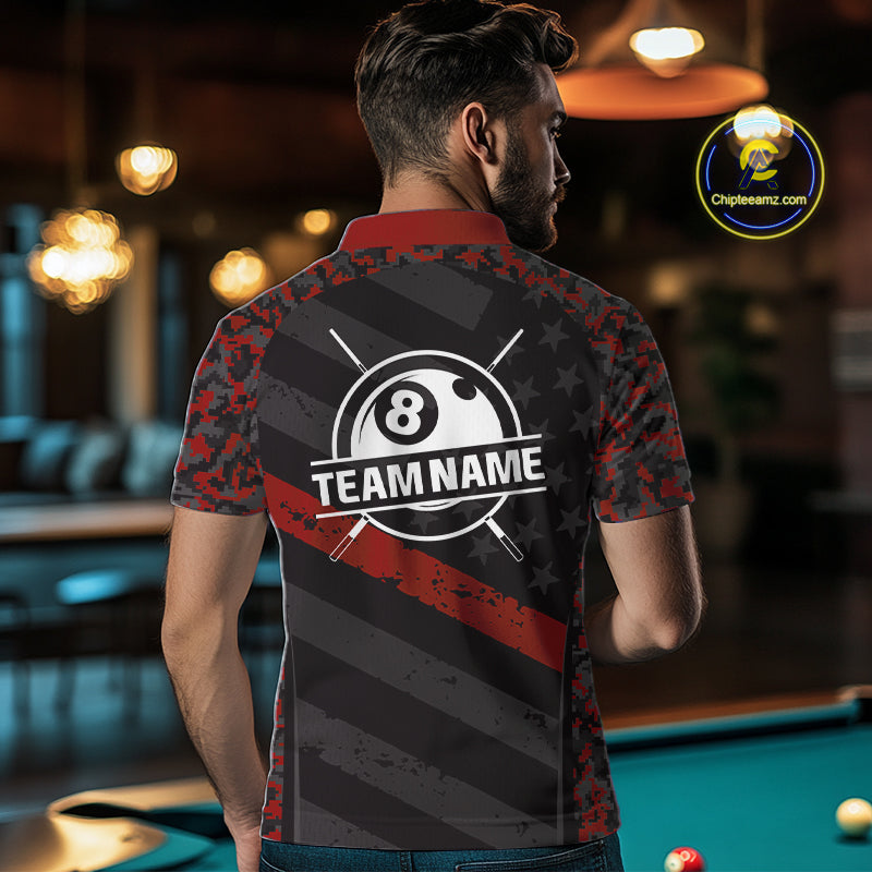 Black & Red Digital Camo Pool Billiard Shirt For Men Custom 8 Ball US Flag Patriot Billiard Team Shirt NYN4091