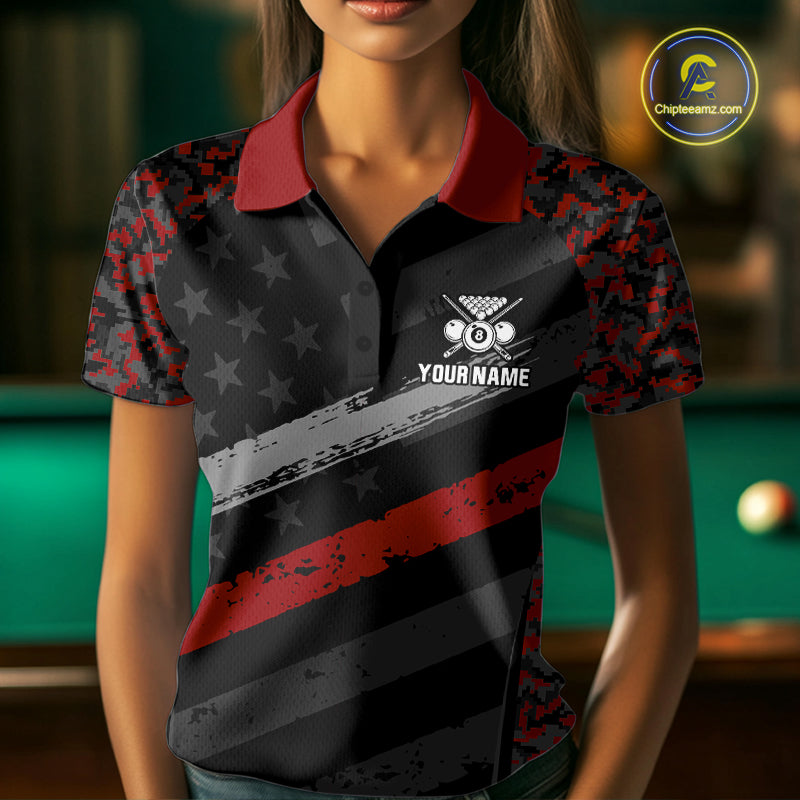 Black & Red Digital Camo Pool Billiard Shirt For Women Custom 8 Ball US Flag Patriot Billiard Team Shirt NYN4091