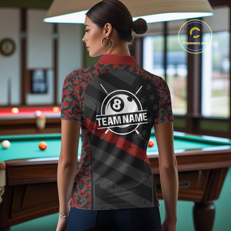 Black & Red Digital Camo Pool Billiard Shirt For Women Custom 8 Ball US Flag Patriot Billiard Team Shirt NYN4091