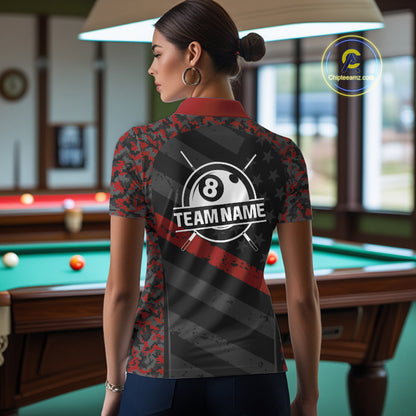 Black & Red Digital Camo Pool Billiard Shirt For Women Custom 8 Ball US Flag Patriot Billiard Team Shirt NYN4091