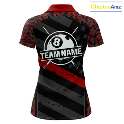 Black & Red Digital Camo Pool Billiard Shirt For Women Custom 8 Ball US Flag Patriot Billiard Team Shirt NYN4091