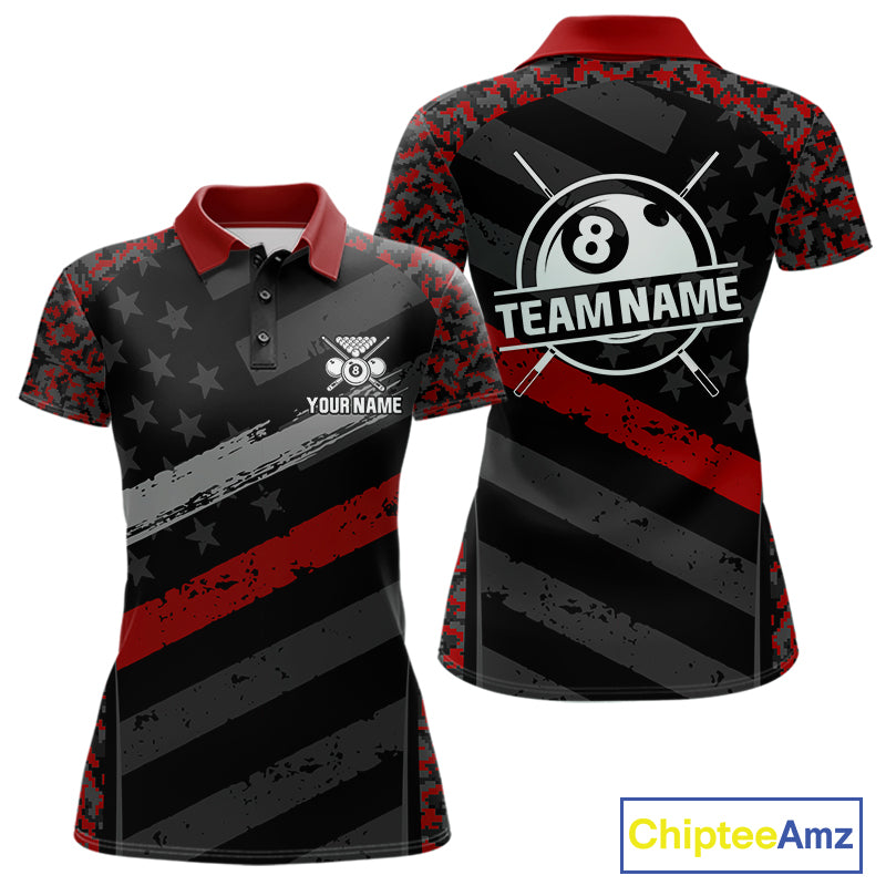 Black & Red Digital Camo Pool Billiard Shirt For Women Custom 8 Ball US Flag Patriot Billiard Team Shirt NYN4091