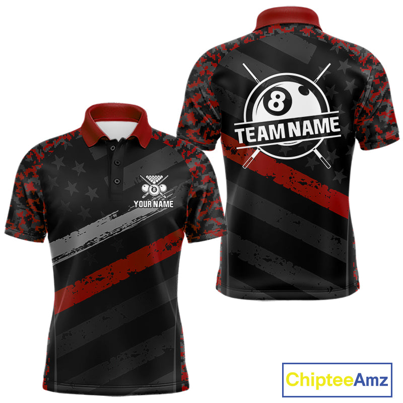 Black & Red Digital Camo Pool Billiard Shirt For Men Custom 8 Ball US Flag Patriot Billiard Team Shirt NYN4091