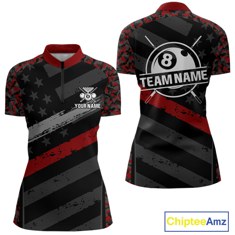 Black & Red Digital Camo Pool Billiard Shirt For Women Custom 8 Ball US Flag Patriot Billiard Team Shirt NYN4091