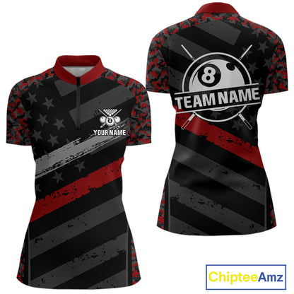Black & Red Digital Camo Pool Billiard Shirt For Women Custom 8 Ball US Flag Patriot Billiard Team Shirt NYN4091