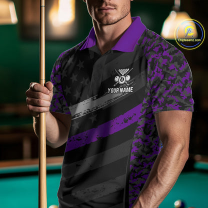 Black & Purple Digital Camo Pool Billiard Shirt For Men Custom 8 Ball US Flag Patriot Billiard Team Shirt NYN4092