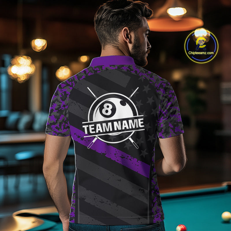 Black & Purple Digital Camo Pool Billiard Shirt For Men Custom 8 Ball US Flag Patriot Billiard Team Shirt NYN4092
