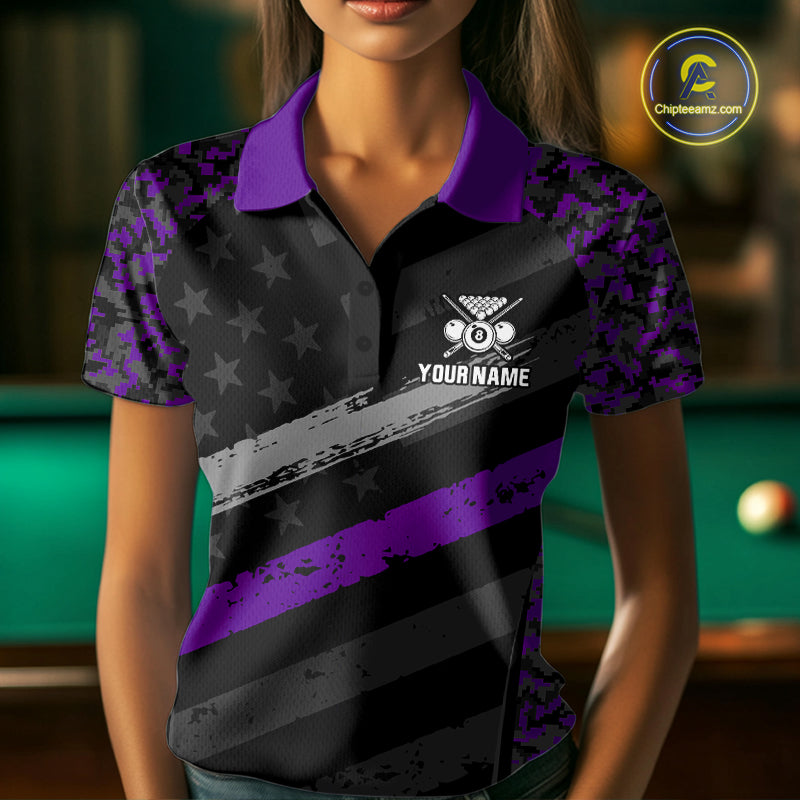 Black & Purple Digital Camo Pool Billiard Shirt For Women Custom 8 Ball US Flag Patriot Billiard Team Shirt NYN4092