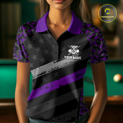 Black & Purple Digital Camo Pool Billiard Shirt For Women Custom 8 Ball US Flag Patriot Billiard Team Shirt NYN4092