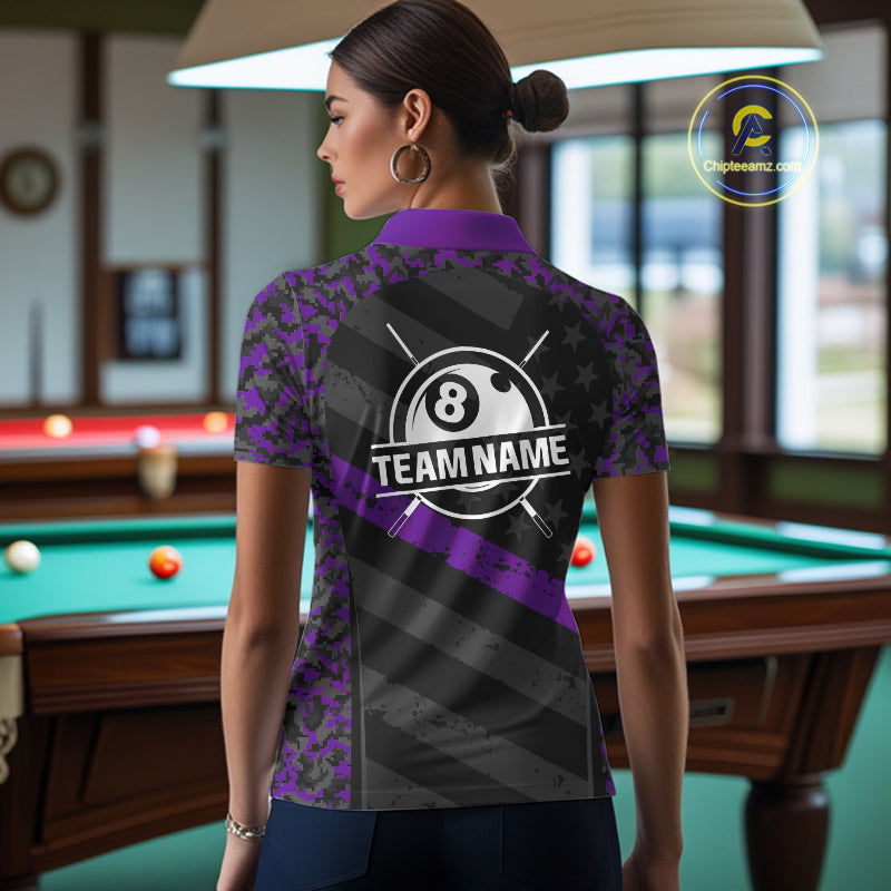 Black & Purple Digital Camo Pool Billiard Shirt For Women Custom 8 Ball US Flag Patriot Billiard Team Shirt NYN4092