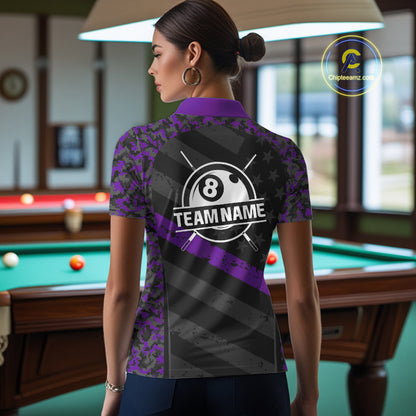 Black & Purple Digital Camo Pool Billiard Shirt For Women Custom 8 Ball US Flag Patriot Billiard Team Shirt NYN4092