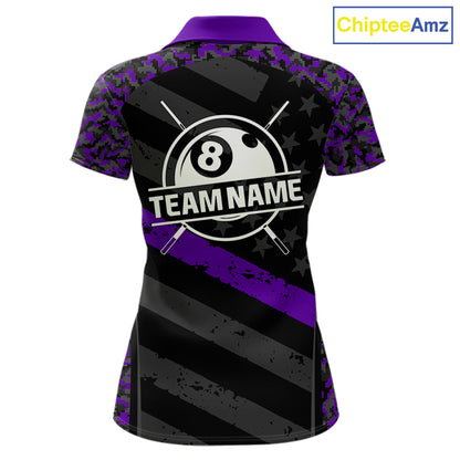 Black & Purple Digital Camo Pool Billiard Shirt For Women Custom 8 Ball US Flag Patriot Billiard Team Shirt NYN4092
