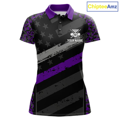 Black & Purple Digital Camo Pool Billiard Shirt For Women Custom 8 Ball US Flag Patriot Billiard Team Shirt NYN4092