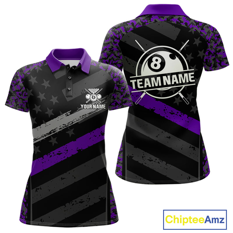 Black & Purple Digital Camo Pool Billiard Shirt For Women Custom 8 Ball US Flag Patriot Billiard Team Shirt NYN4092