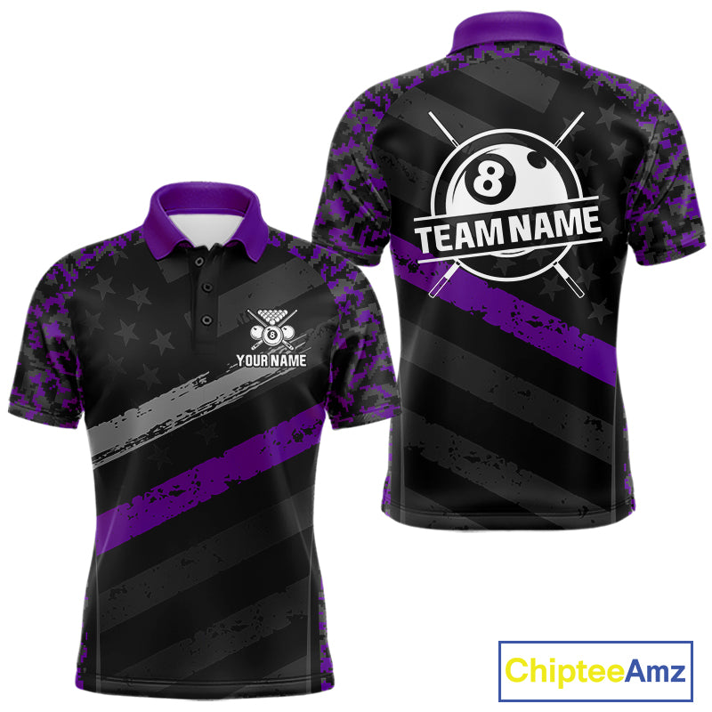 Black & Purple Digital Camo Pool Billiard Shirt For Men Custom 8 Ball US Flag Patriot Billiard Team Shirt NYN4092