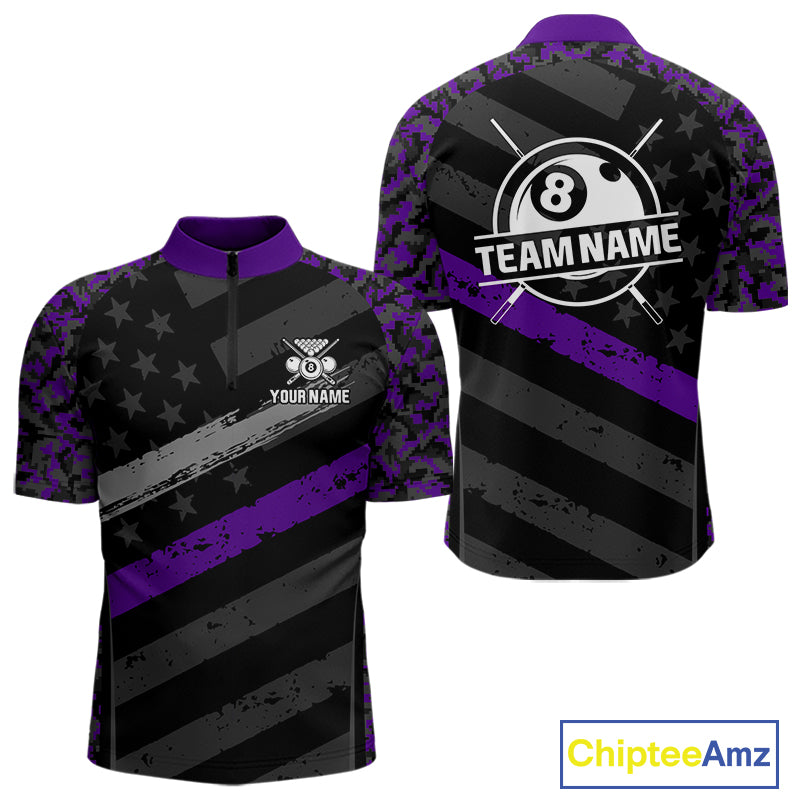 Black & Purple Digital Camo Pool Billiard Shirt For Men Custom 8 Ball US Flag Patriot Billiard Team Shirt NYN4092