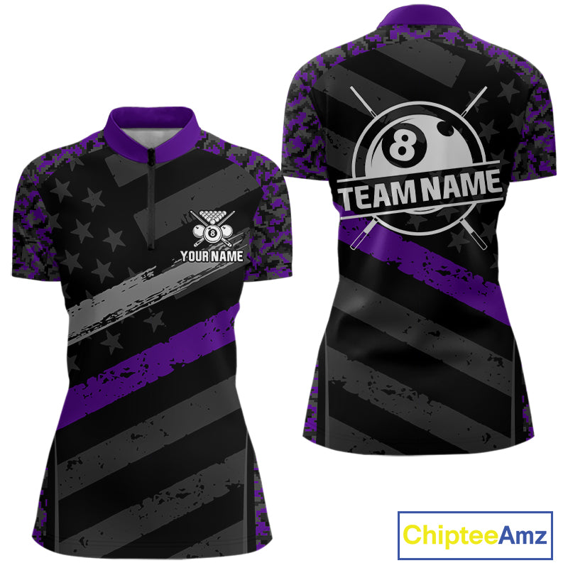 Black & Purple Digital Camo Pool Billiard Shirt For Women Custom 8 Ball US Flag Patriot Billiard Team Shirt NYN4092