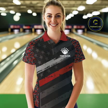 Black And Red Digital Camo Bowling Shirt For Women Custom USA Flag Patriot Bowling Team Shirt NYN4093
