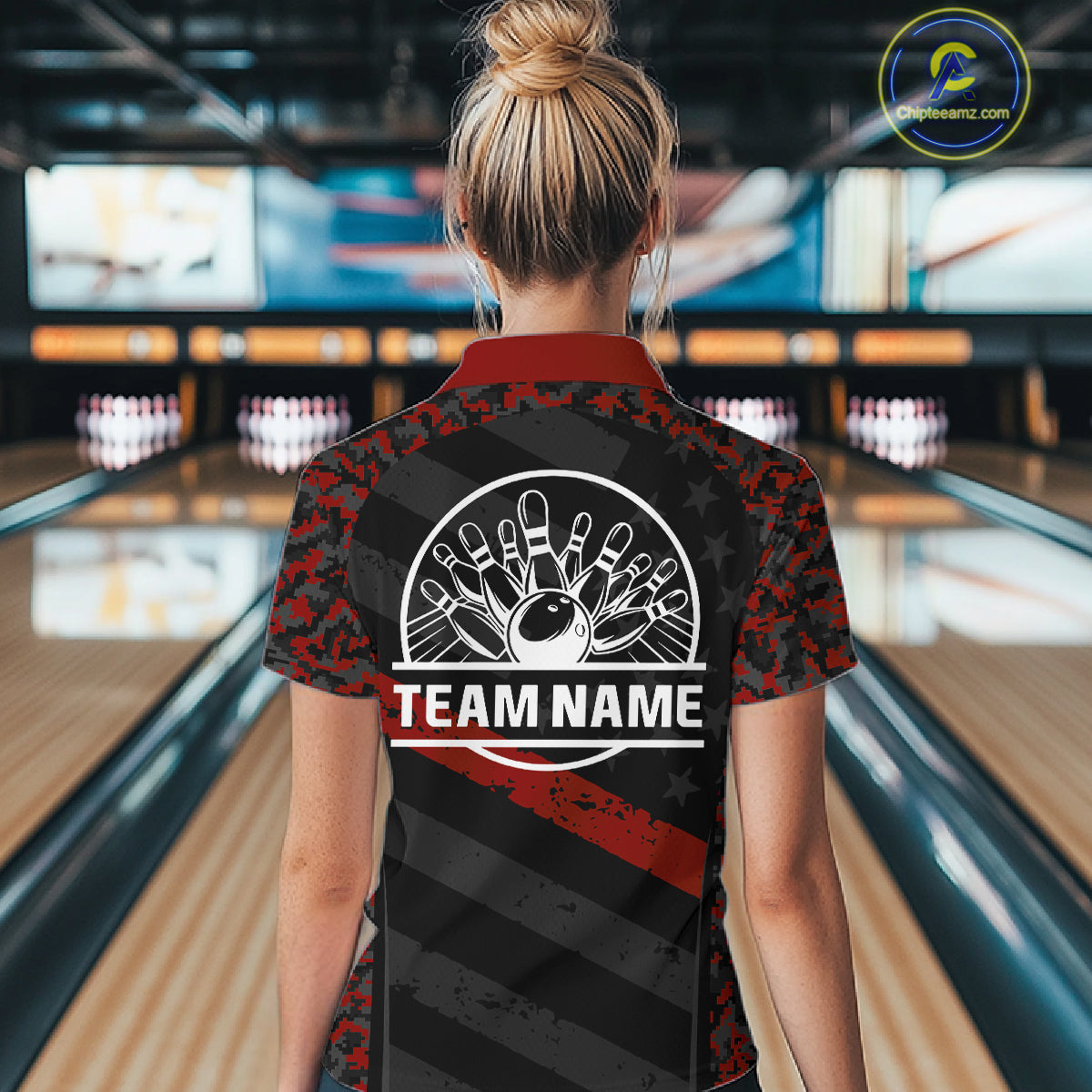 Black And Red Digital Camo Bowling Shirt For Women Custom USA Flag Patriot Bowling Team Shirt NYN4093