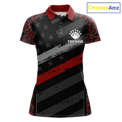 Black And Red Digital Camo Bowling Shirt For Women Custom USA Flag Patriot Bowling Team Shirt NYN4093