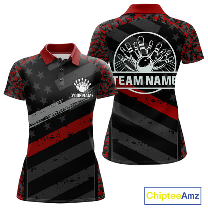Black And Red Digital Camo Bowling Shirt For Women Custom USA Flag Patriot Bowling Team Shirt NYN4093