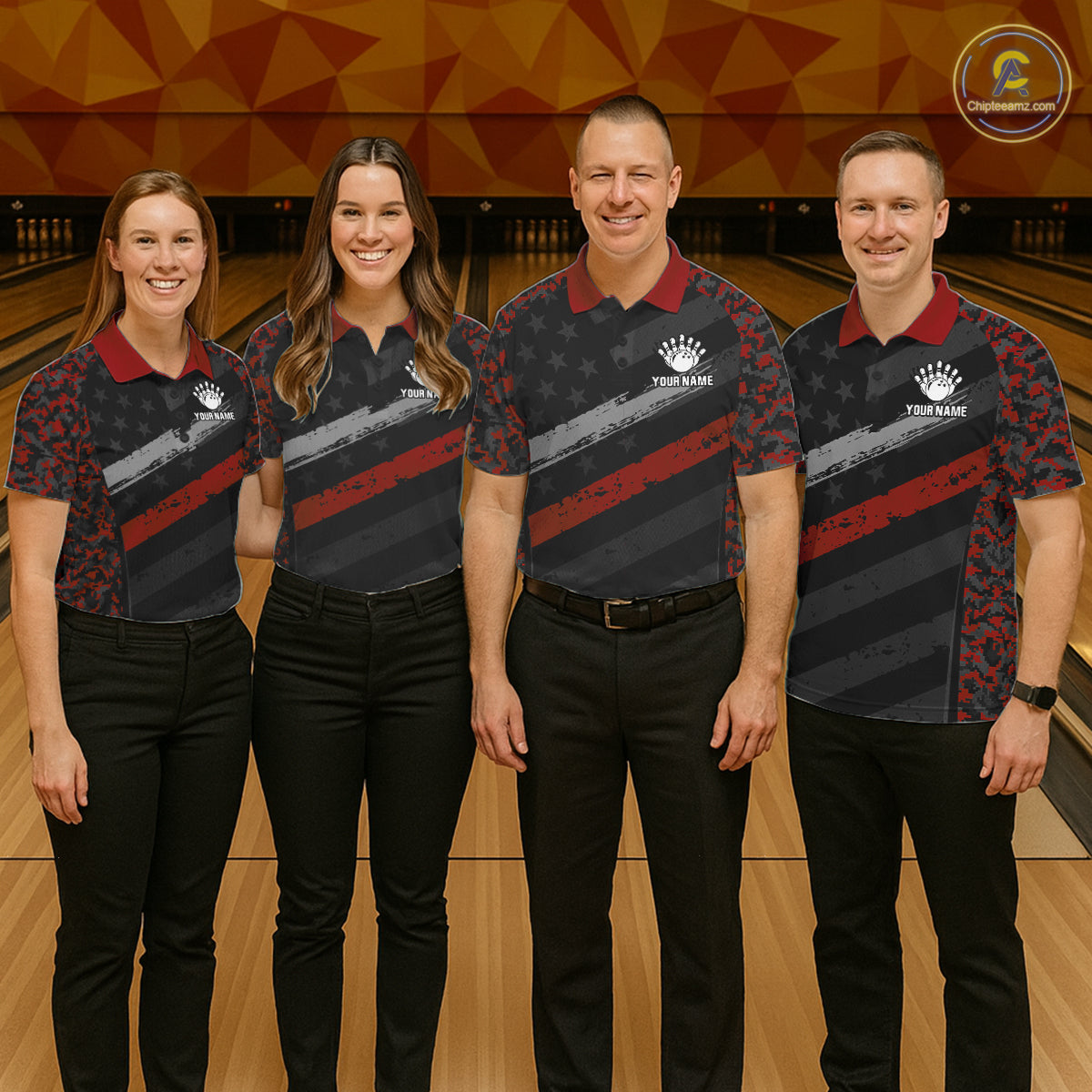Black And Red Digital Camo Bowling Shirt For Women Custom USA Flag Patriot Bowling Team Shirt NYN4093