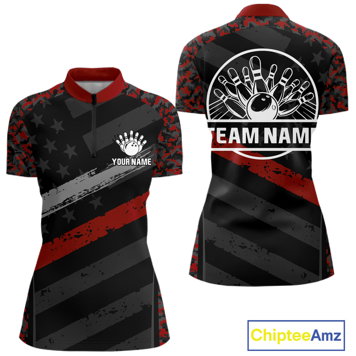 Black And Red Digital Camo Bowling Shirt For Women Custom USA Flag Patriot Bowling Team Shirt NYN4093