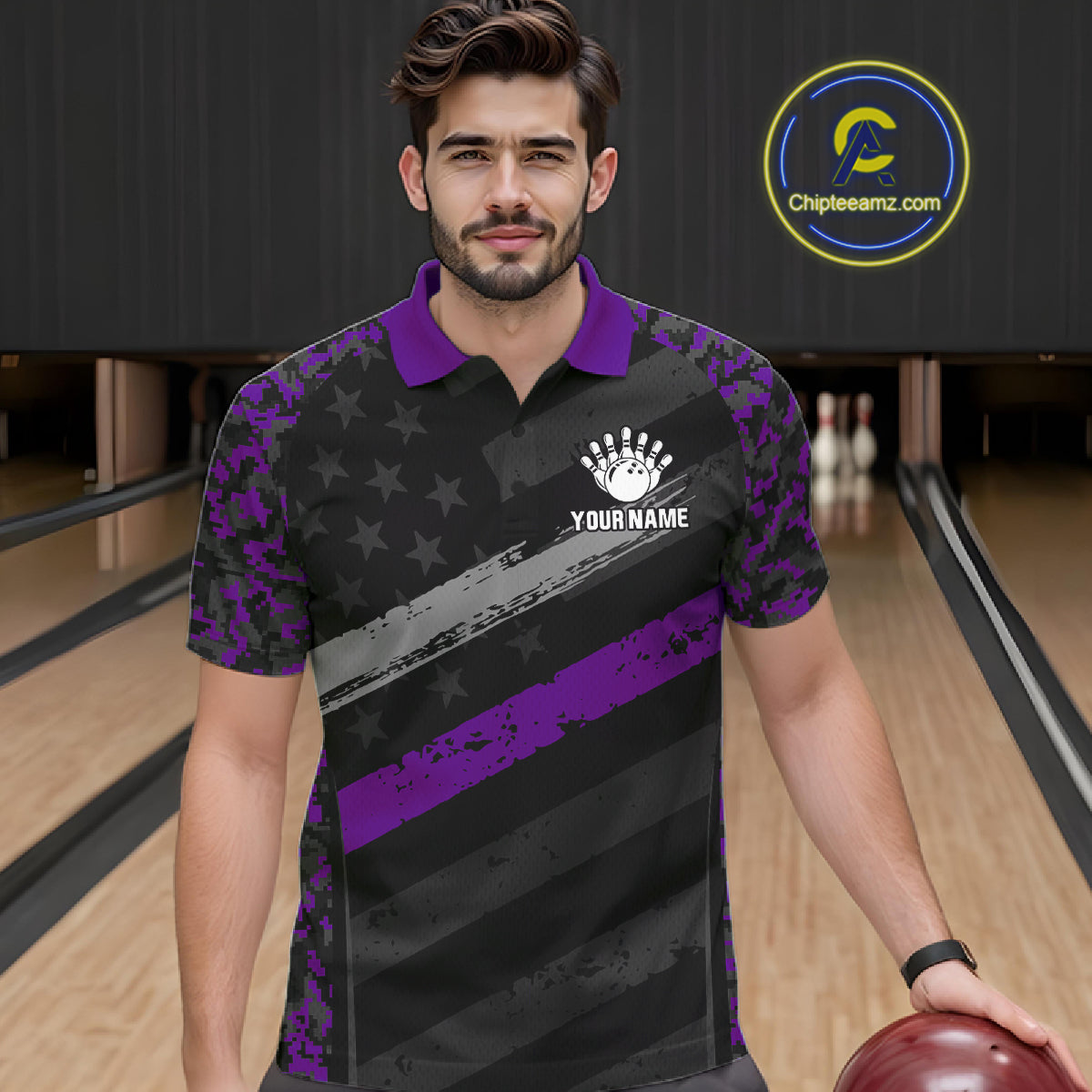 Black And Purple Digital Camo Bowling Shirt For Men Custom USA Flag Patriot Bowling Team Shirt NYN4094
