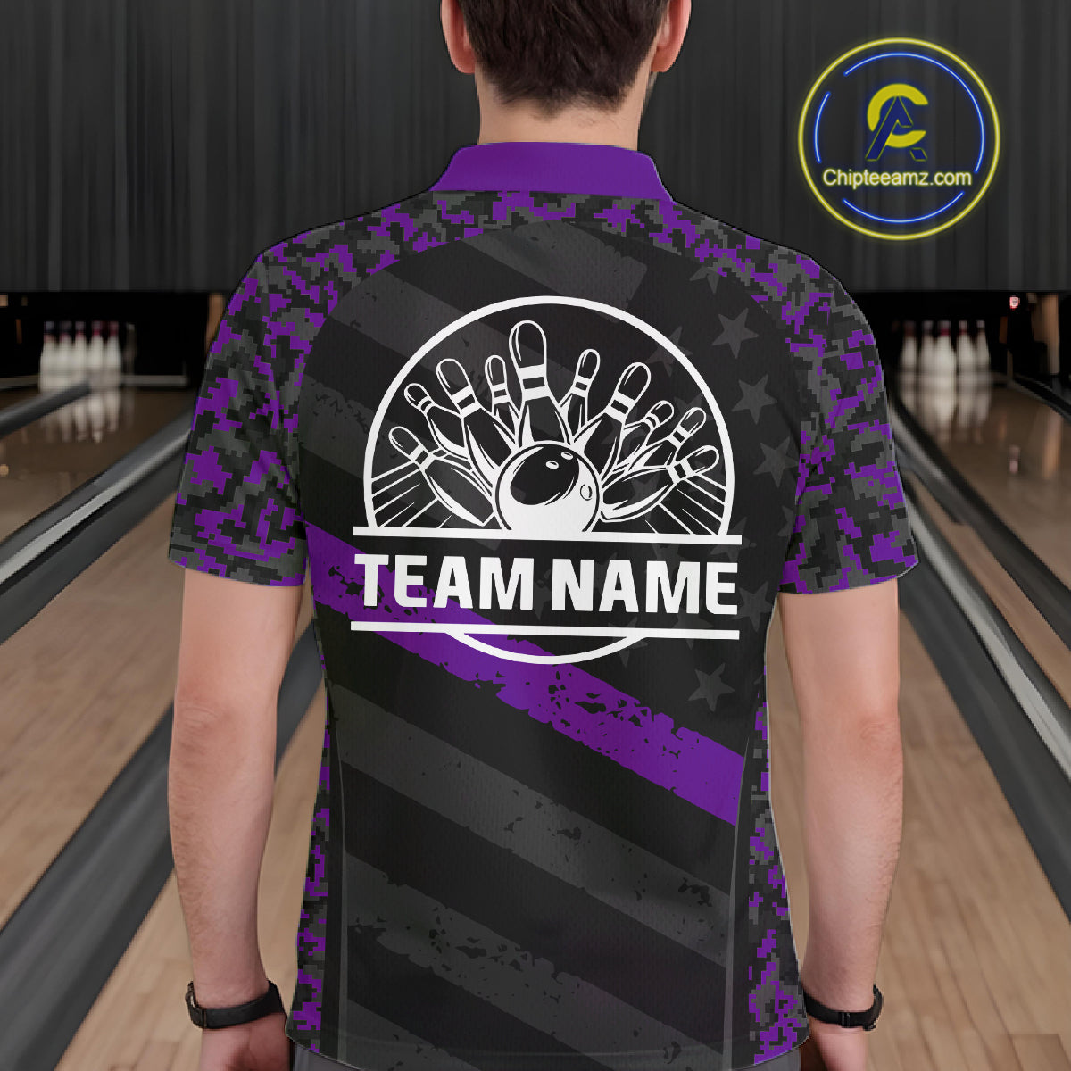 Black And Purple Digital Camo Bowling Shirt For Men Custom USA Flag Patriot Bowling Team Shirt NYN4094