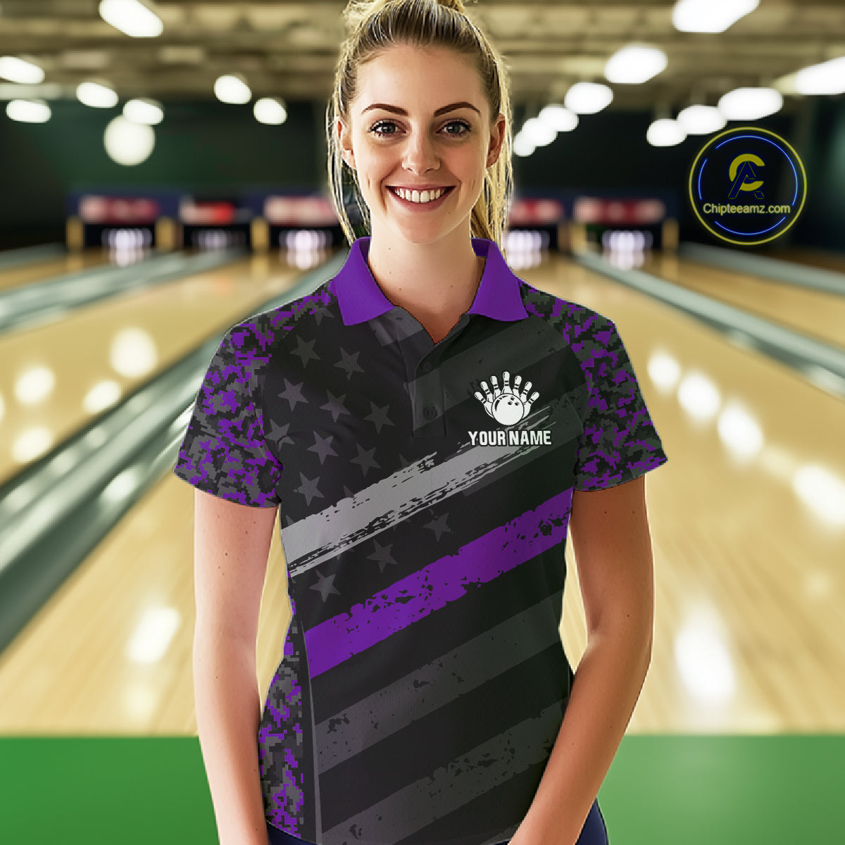 Black And Purple Digital Camo Bowling Shirt Women Men Custom USA Flag Patriot Bowling Team Shirt NYN4094