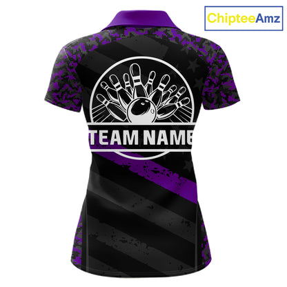 Black And Purple Digital Camo Bowling Shirt Women Men Custom USA Flag Patriot Bowling Team Shirt NYN4094