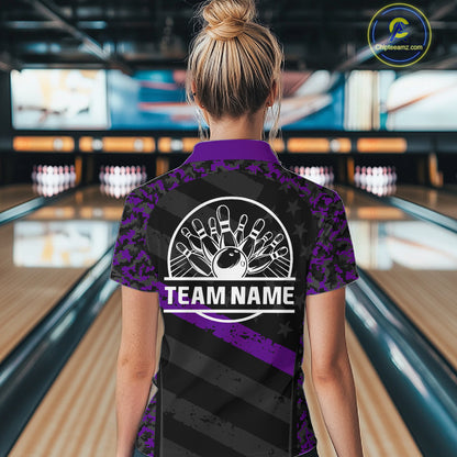 Black And Purple Digital Camo Bowling Shirt Women Men Custom USA Flag Patriot Bowling Team Shirt NYN4094