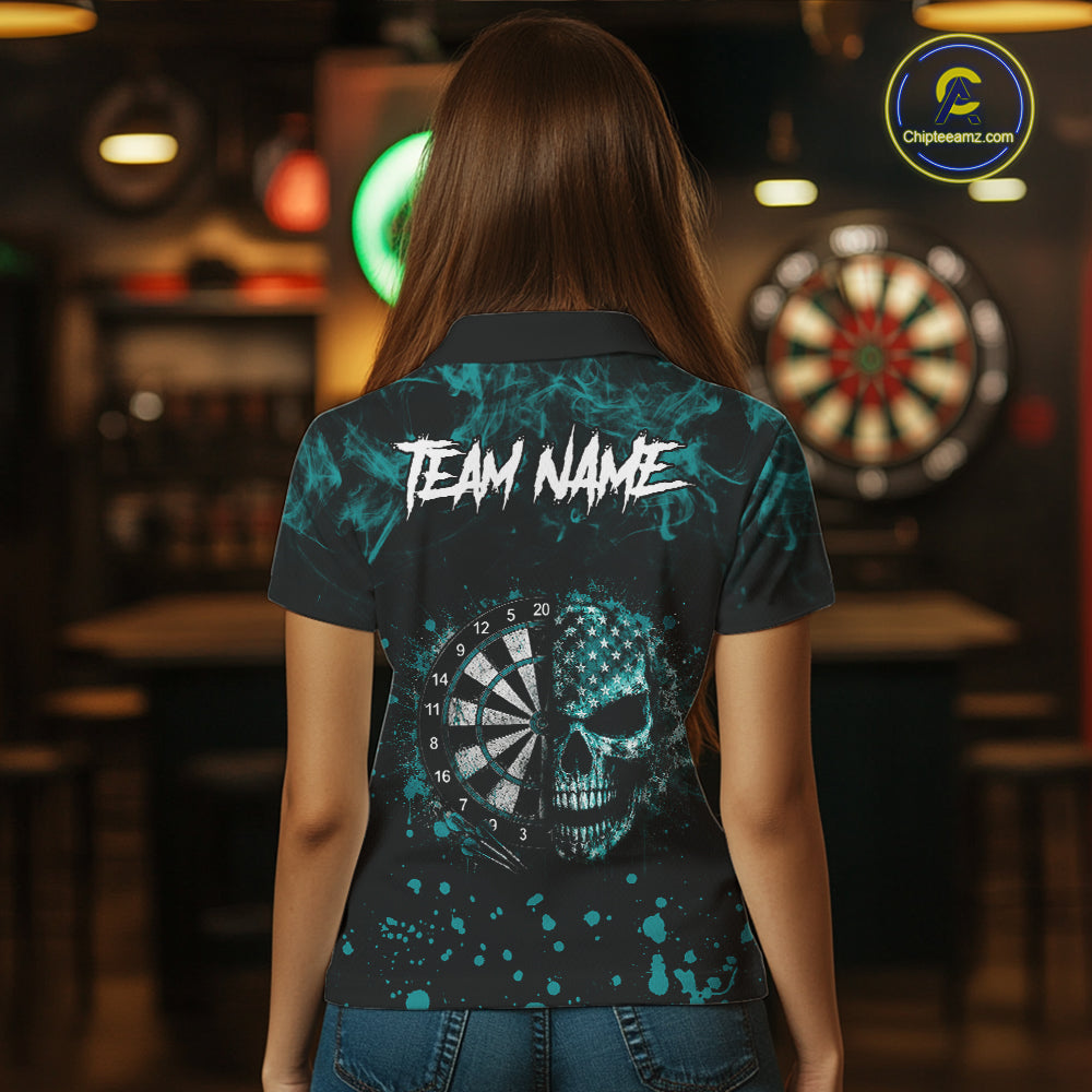 Teal Splatter Skull Darts Polo Quarter Zip Shirt For Women Custom Smoke Skull Dart Team Dart Jersey NYN4097